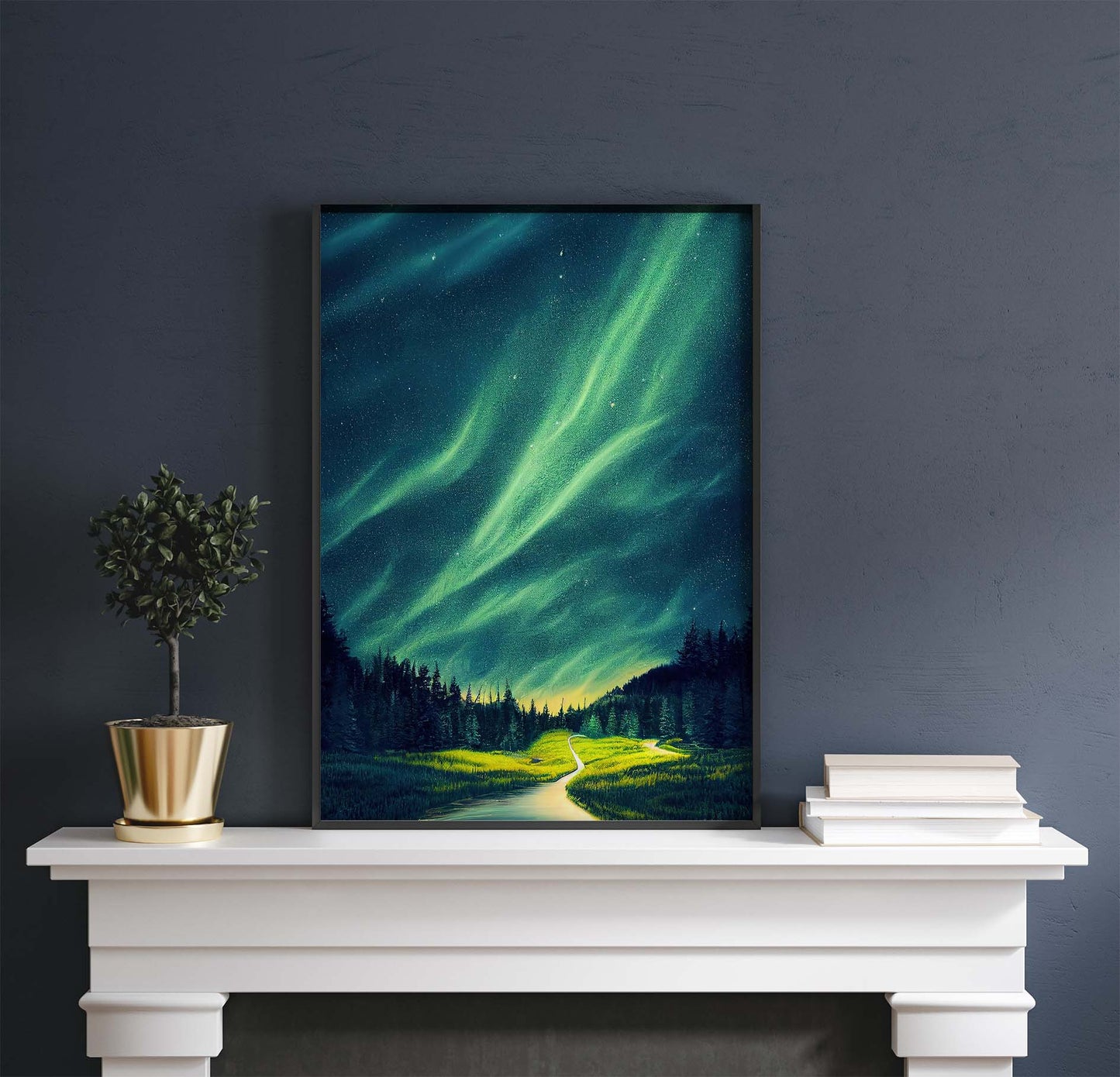 Streaming Auroras Over Forest River Printable Art - Instant Download