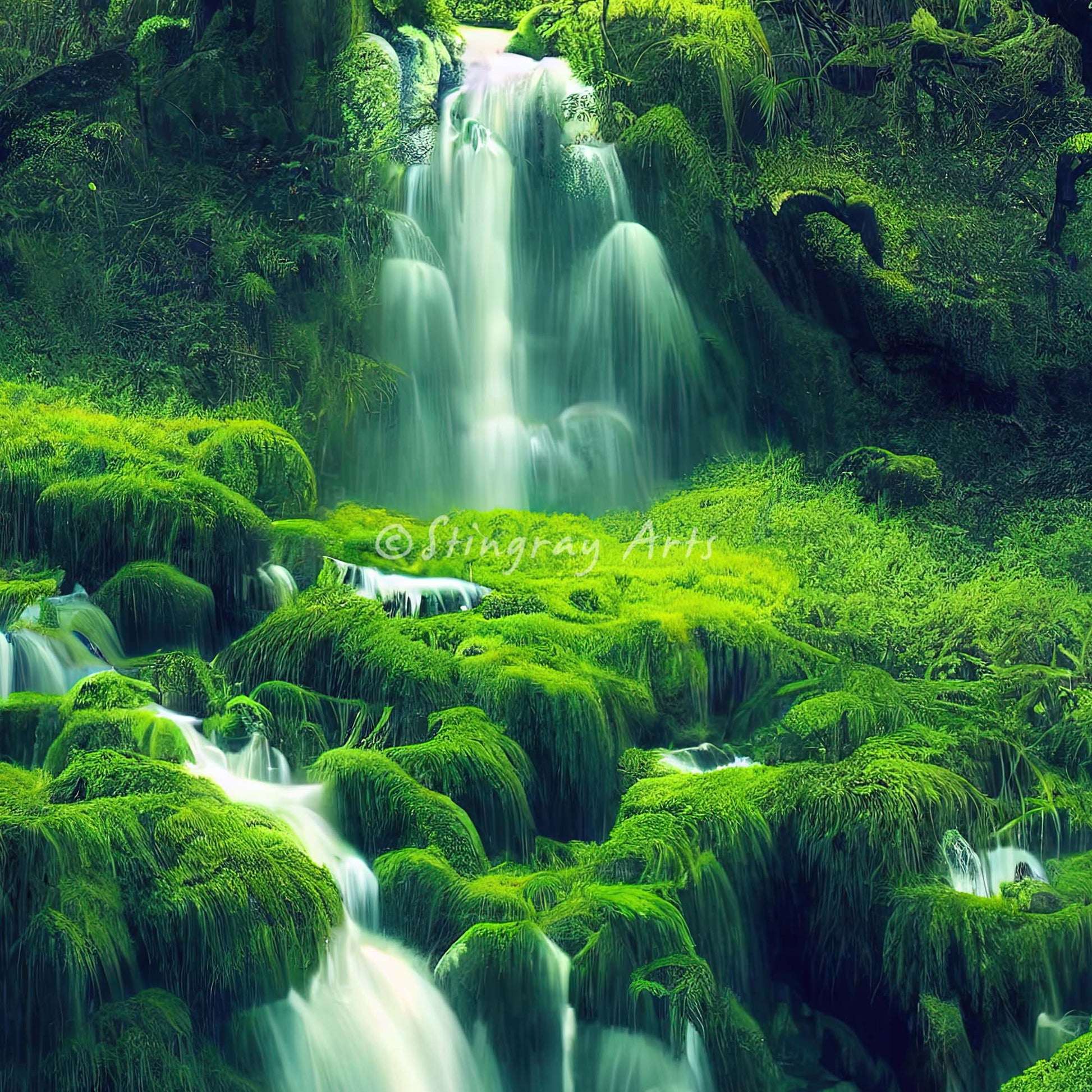 Cascading Waterfalls & Moss Forest Prints