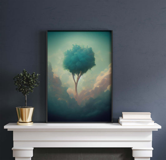 Heavenly Blue Tree In Clouds Printable Art - Instant Download