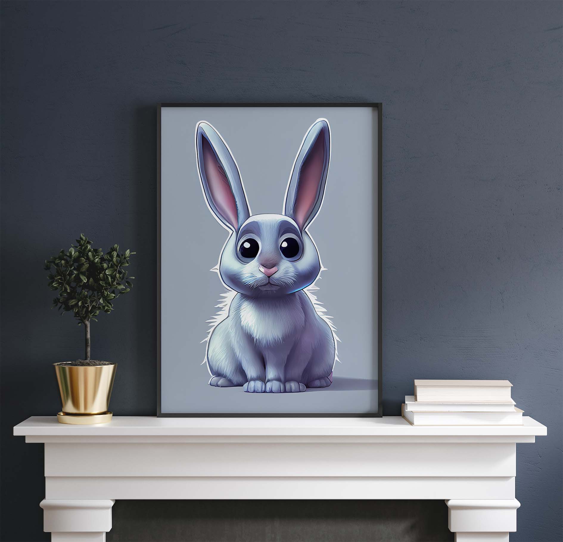 White & Grey Rabbit Cartoon Printable Art - Instant Download