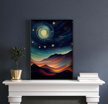 Swirling Moon & Stars Dreamlike Night Printable Art - Instant Download