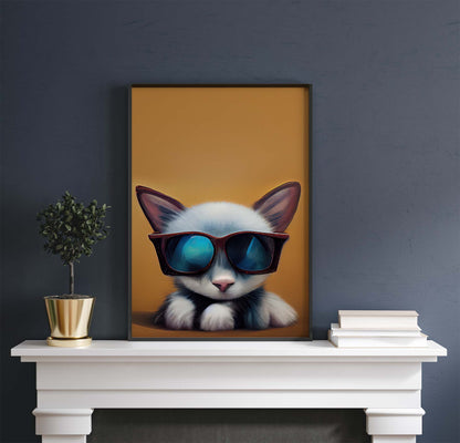 White Kitten Wearing Sunglasses Printable Art - Instant Download