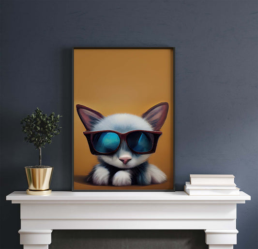 White Kitten Wearing Sunglasses Printable Art - Instant Download