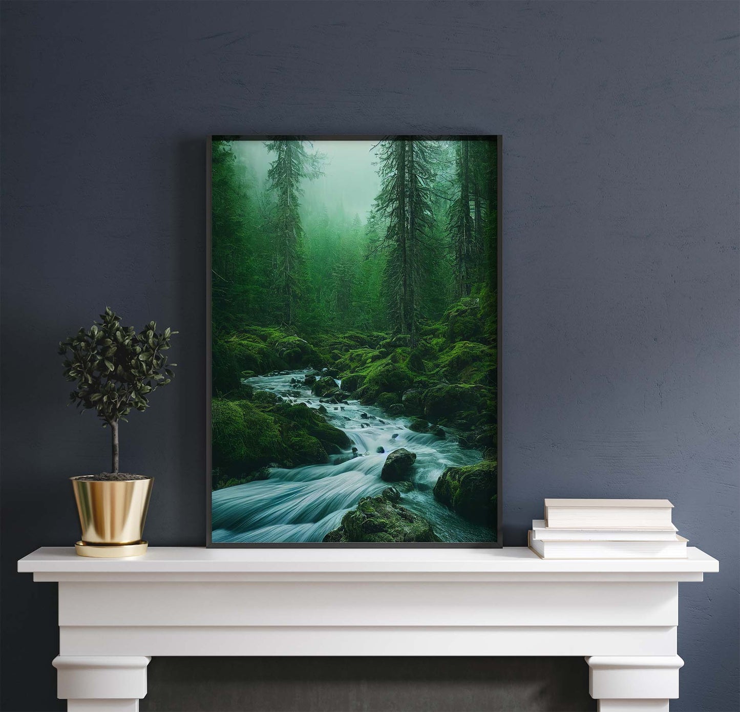 Flowing River In Green Mossy Forest Printable Art - Instant Download