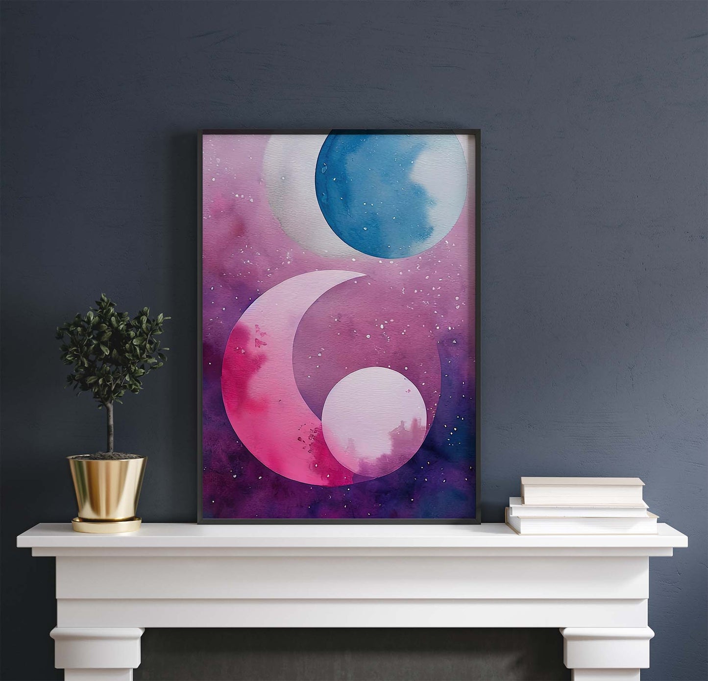 Blue & Pink Crescent Moon Printable Art - Instant Download