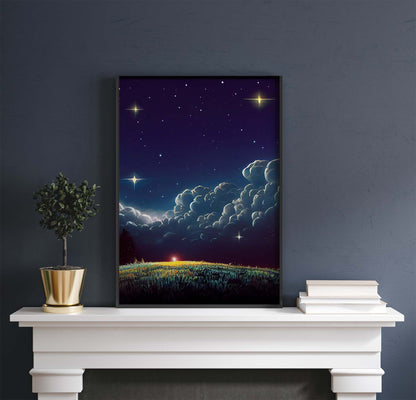 Glowing Light & Dreamlike Clouds Night Printable Art - Instant Download