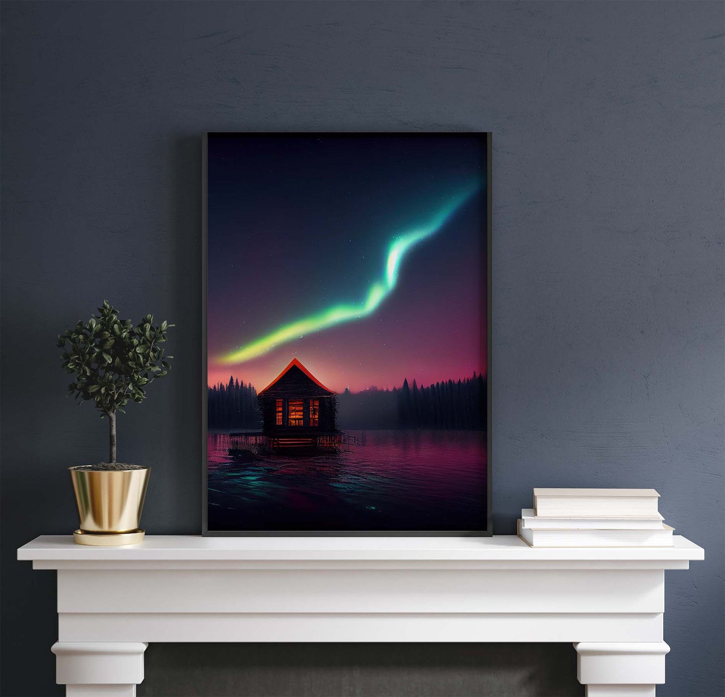 Lake Cabin & Aurora Borealis Lights Printable Art - Instant Download