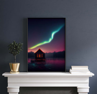 Lake Cabin & Aurora Borealis Lights Printable Art - Instant Download