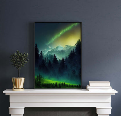 Snow Peaked Mountains & Aurora Borealis Printable Art - Instant Download