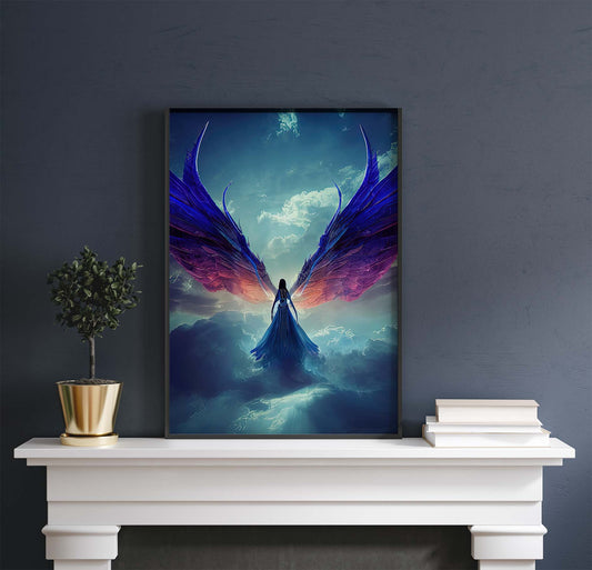 Bluish Winged Angel In Clouds Printable Art - Instant Download