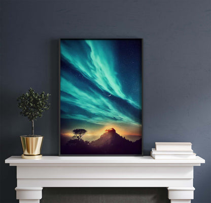 Cabin On A Hill Under Aurora Borealis Printable Art - Instant Download