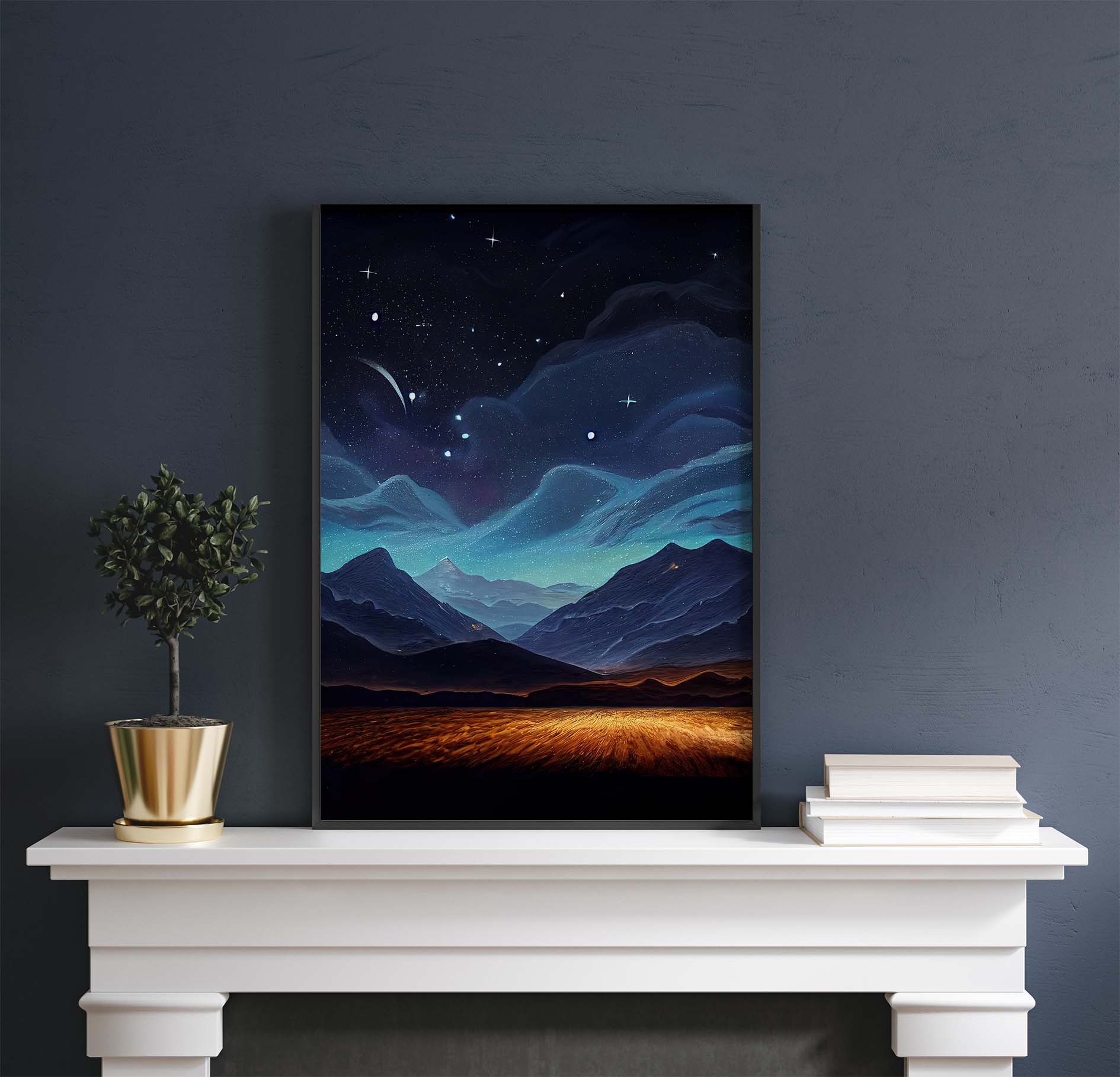 Shooting Star & Mountains Night Printable Art - Instant Download