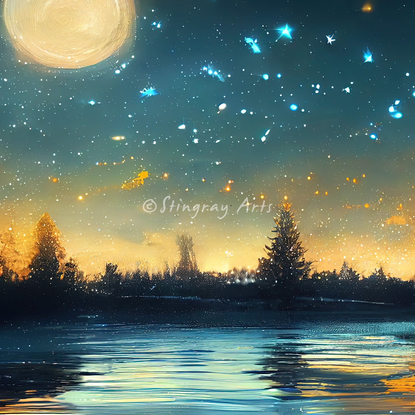 Moon & Stars Over A River Prints