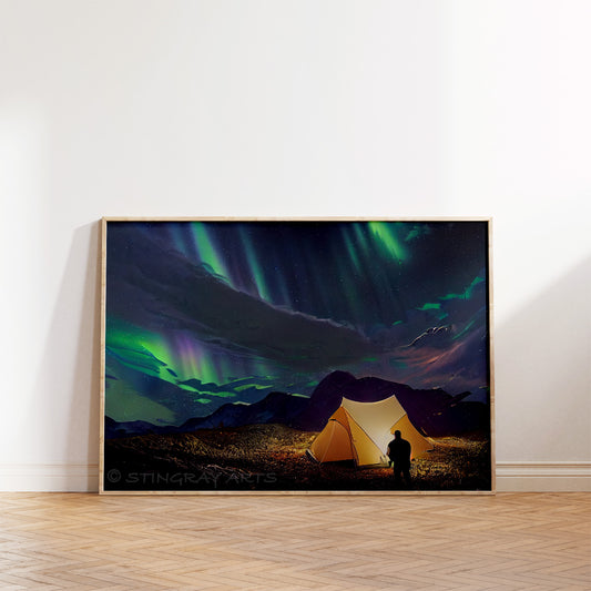 Person Camping Under Northern Lights Prints