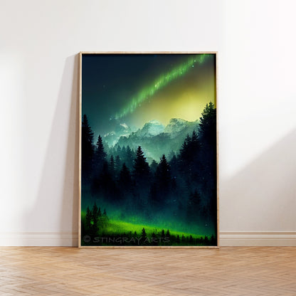 Snow Peaked Mountains & Aurora Borealis Prints