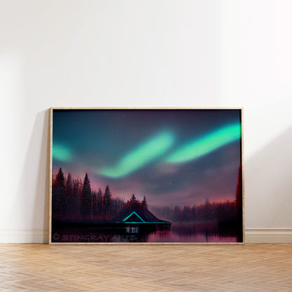 Green Glowing Lake Cabin & Auroras Prints