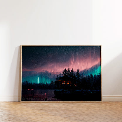 Lake Cabin & Glow Auroras Prints