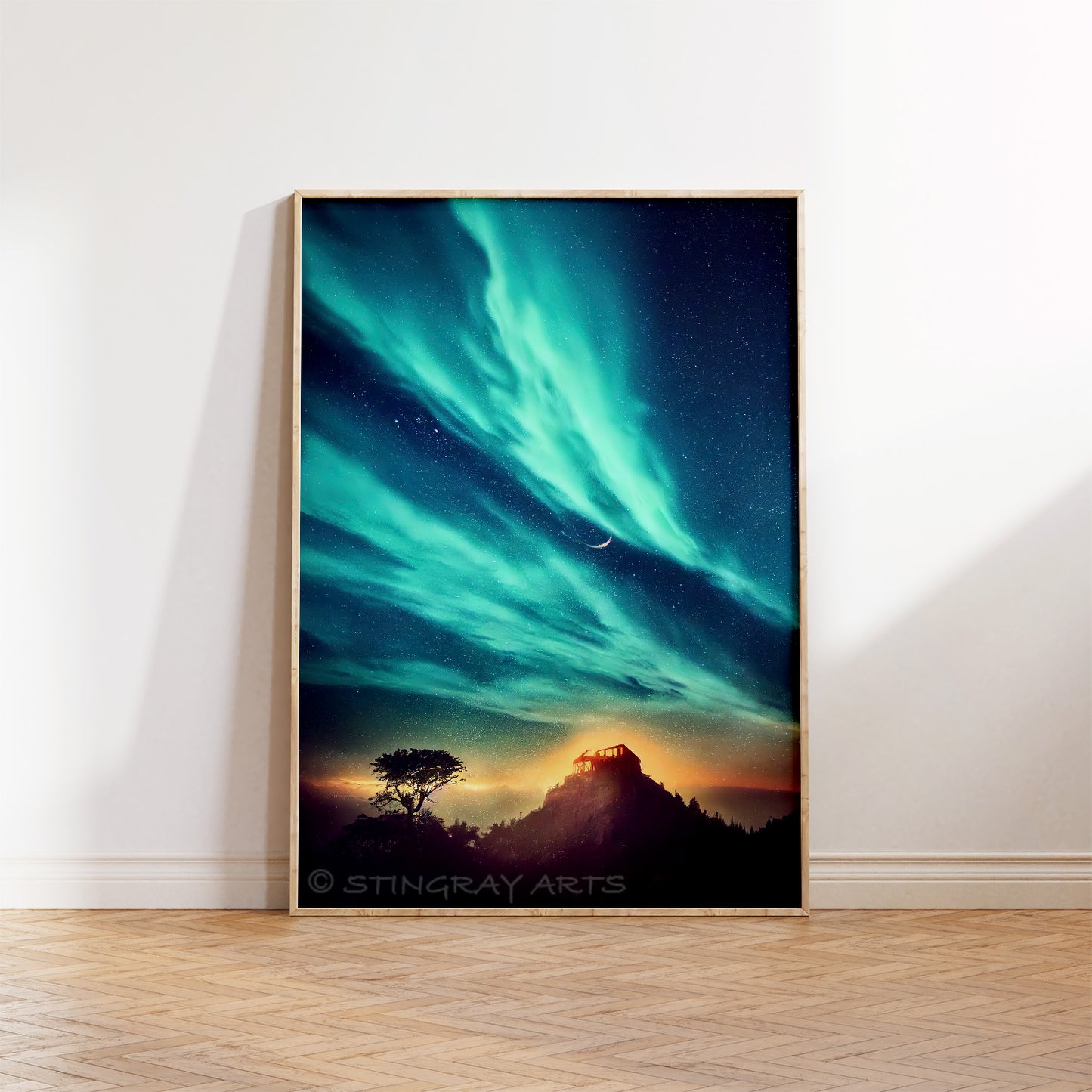 Cabin On A Hill Under Aurora Borealis Prints