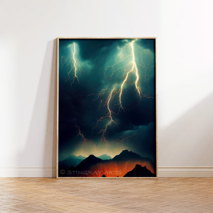 Creepy Lightning Over Mountains Prints