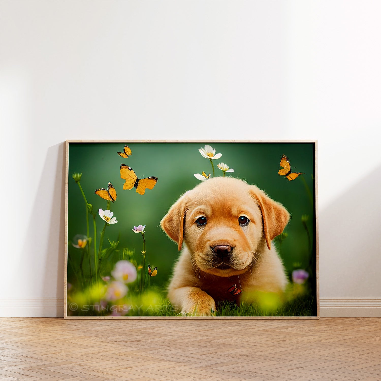 Labrador Puppy, Flowers & Butterflies Prints