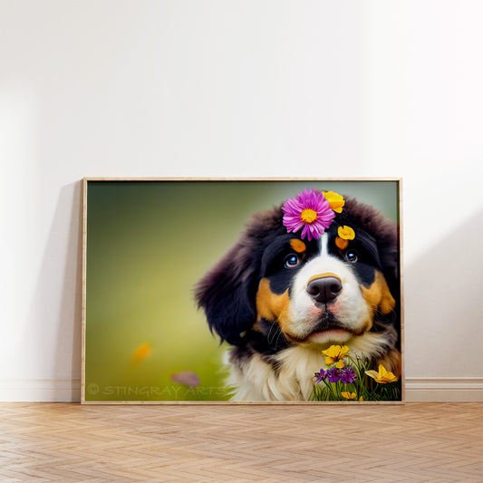 Bernese Mountain Dog Puppy & Flowers Prints