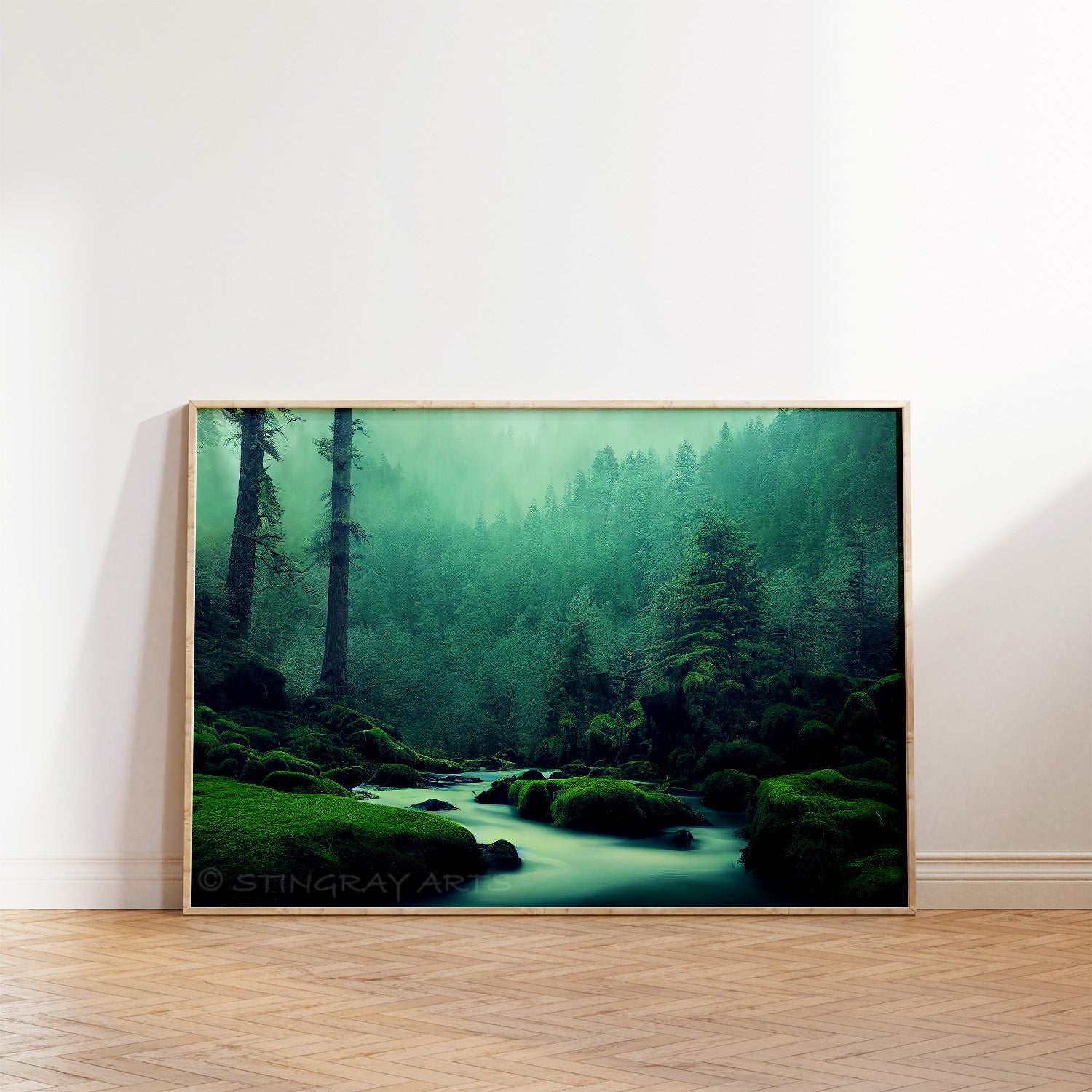 Foggy Green Forest & Creek Prints