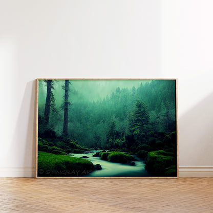 Foggy Green Forest & Creek Prints