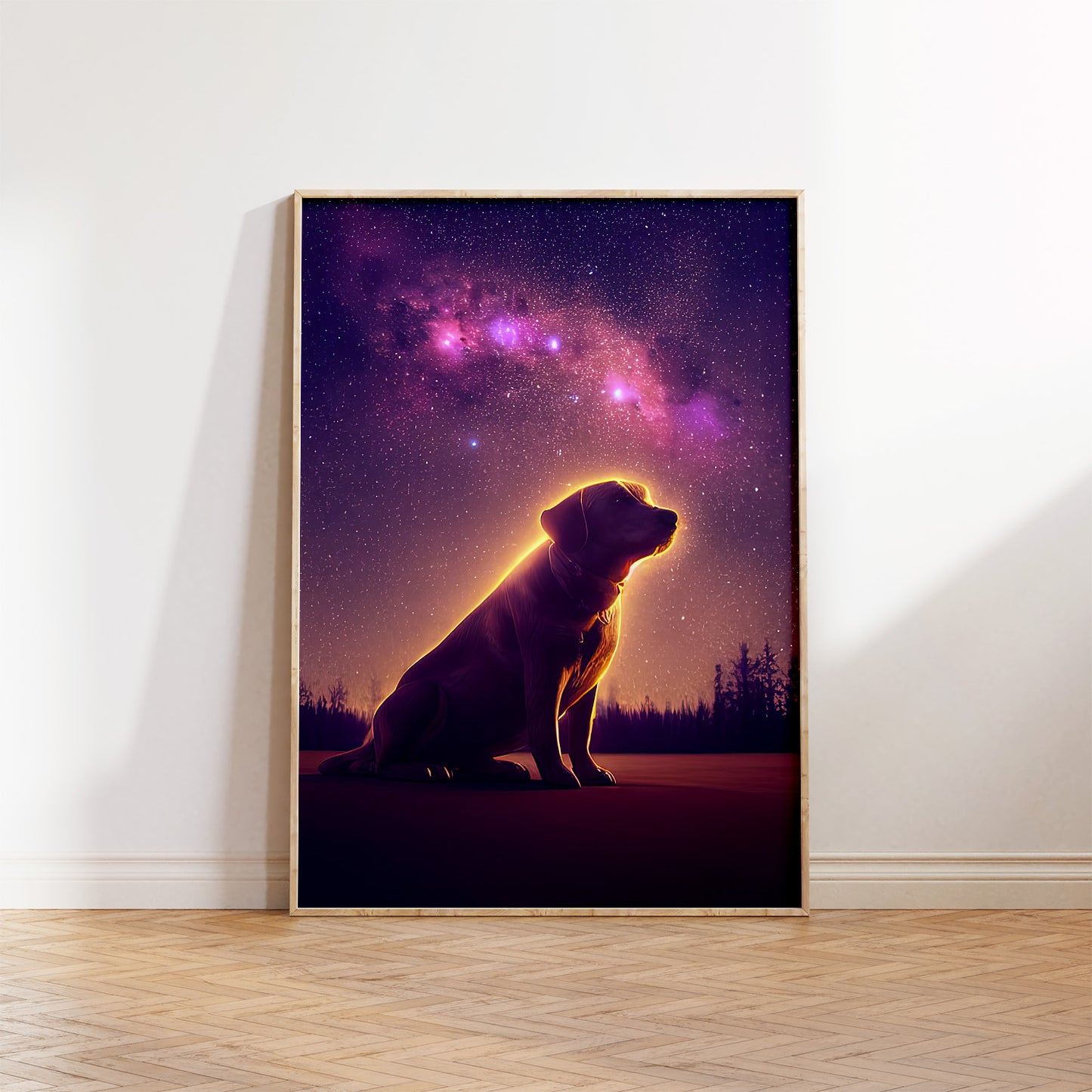 Dog Under Starry Galaxy Prints