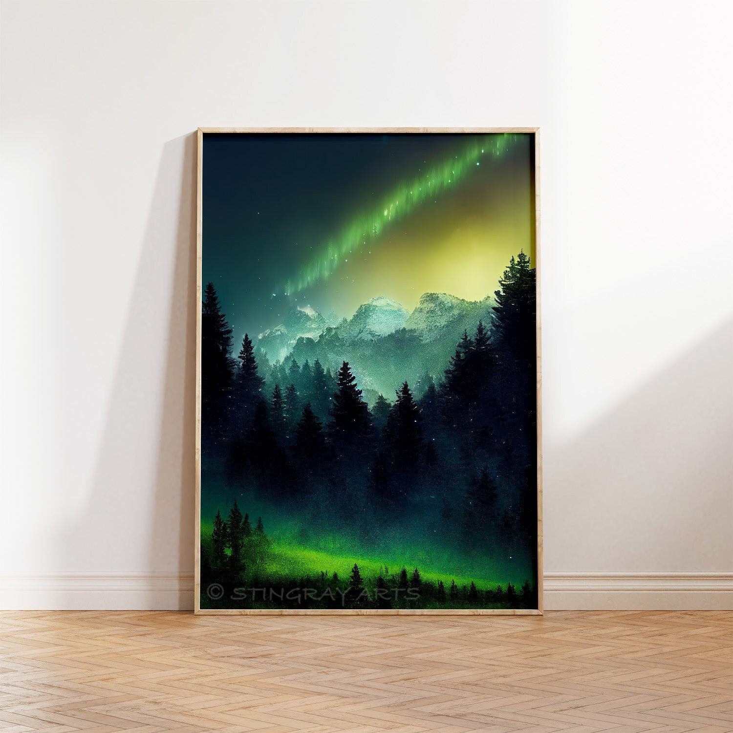 Snow Peaked Mountains & Aurora Borealis Printable Art - Instant Download