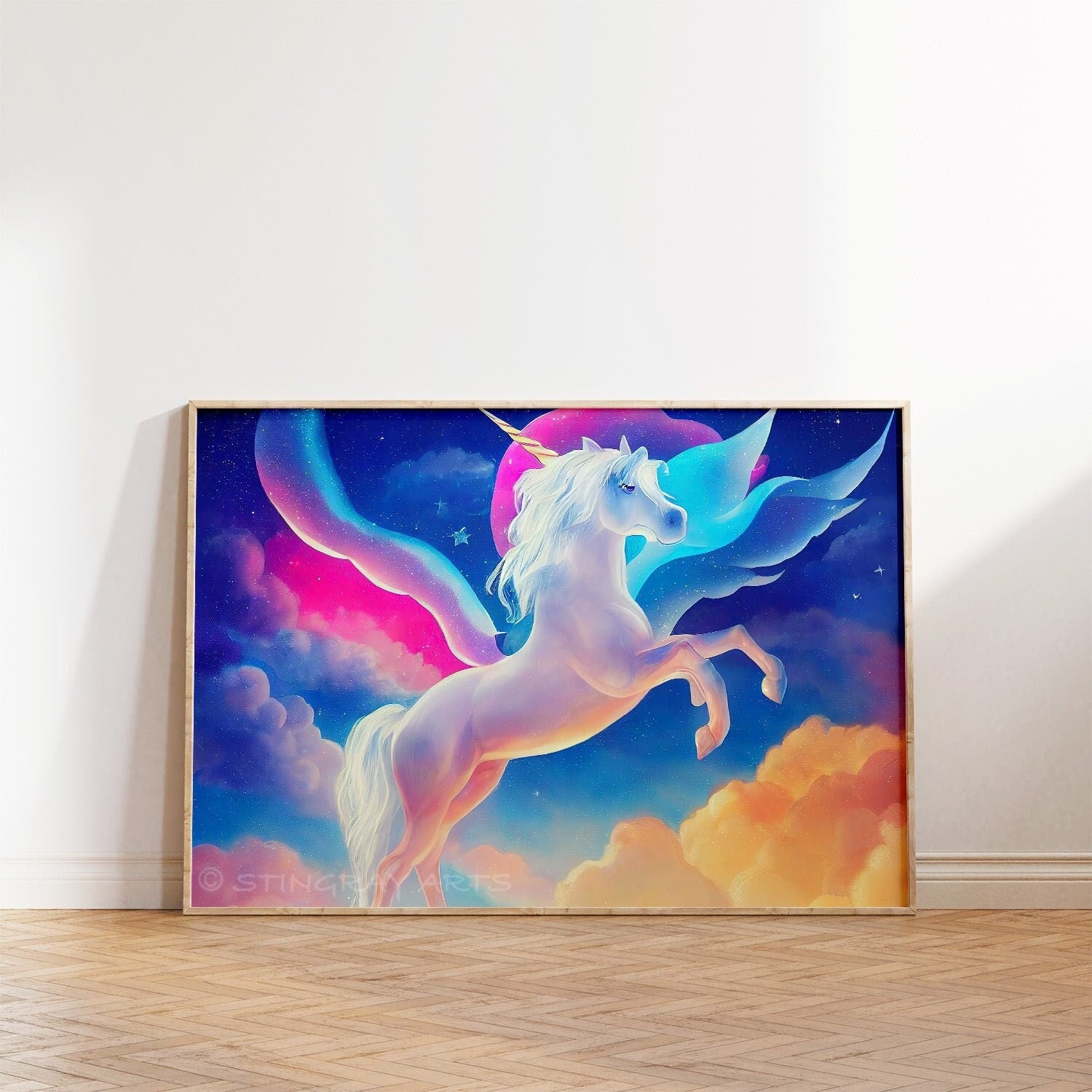 White Unicorn & Clouds Cartoon Printable Art - Instant Download