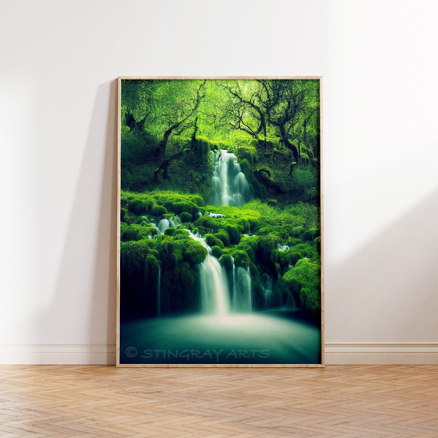 Cascading Waterfalls & Moss Forest Printable Art - Instant Download