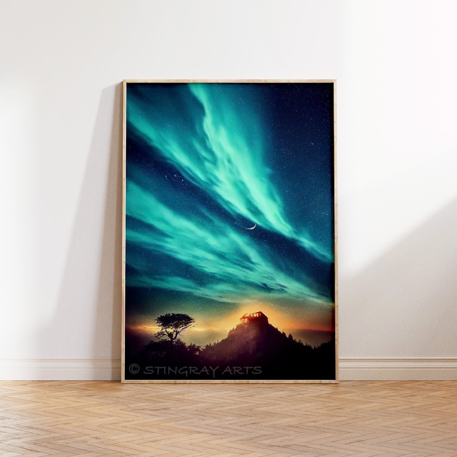 Cabin On A Hill Under Aurora Borealis Printable Art - Instant Download