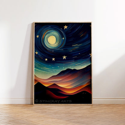 Swirling Moon & Stars Dreamlike Night Printable Art - Instant Download