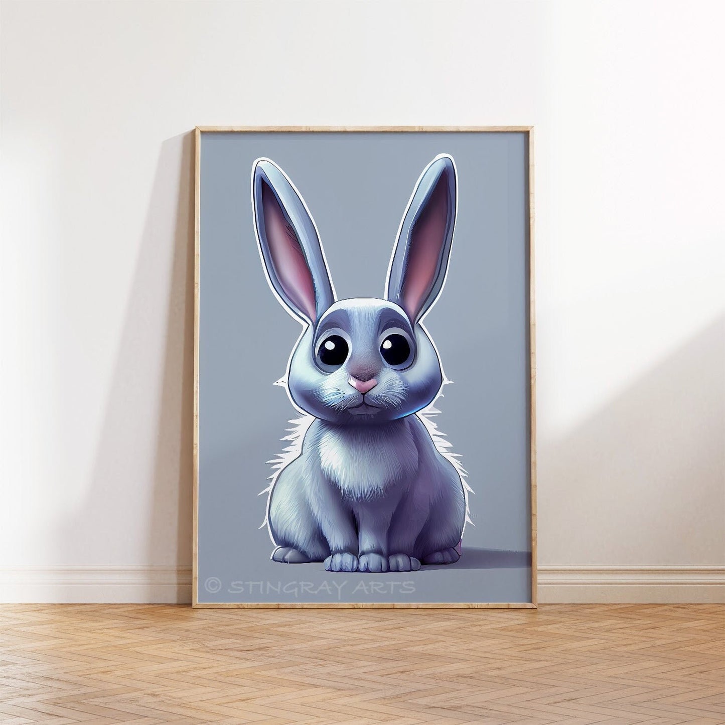 White & Grey Rabbit Cartoon Printable Art - Instant Download