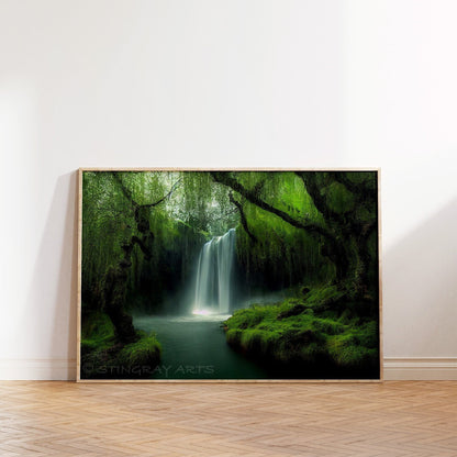 Waterfall Pond & Weeping Willow Trees Printable Art - Instant Download