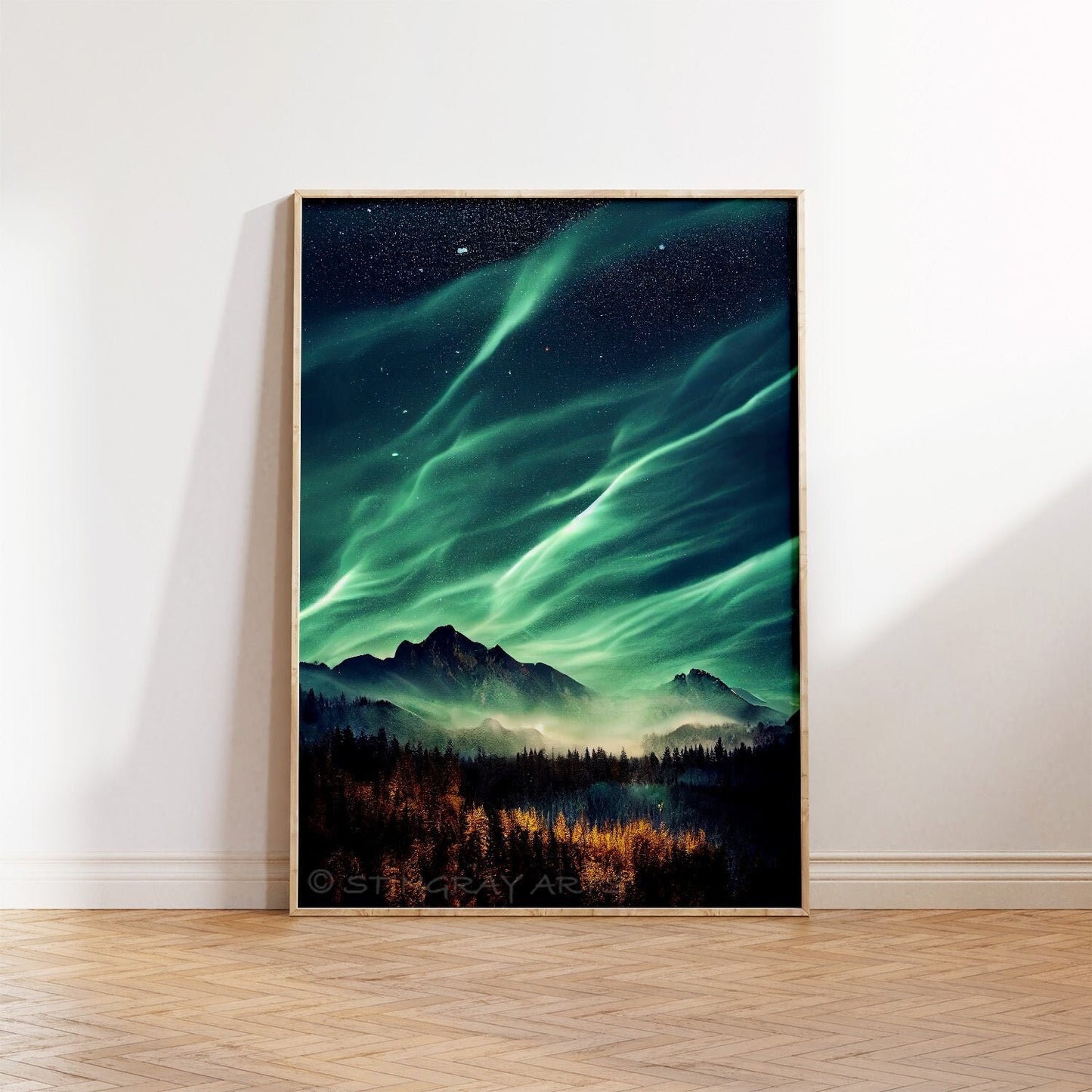 Misty Mountains Aurora Borealis Printable Art - Instant Download