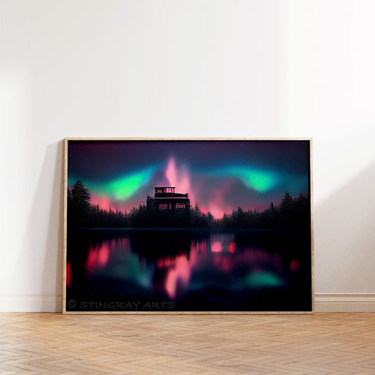 Forest Lake Cabin & Aurora Borealis Printable Art - Instant Download