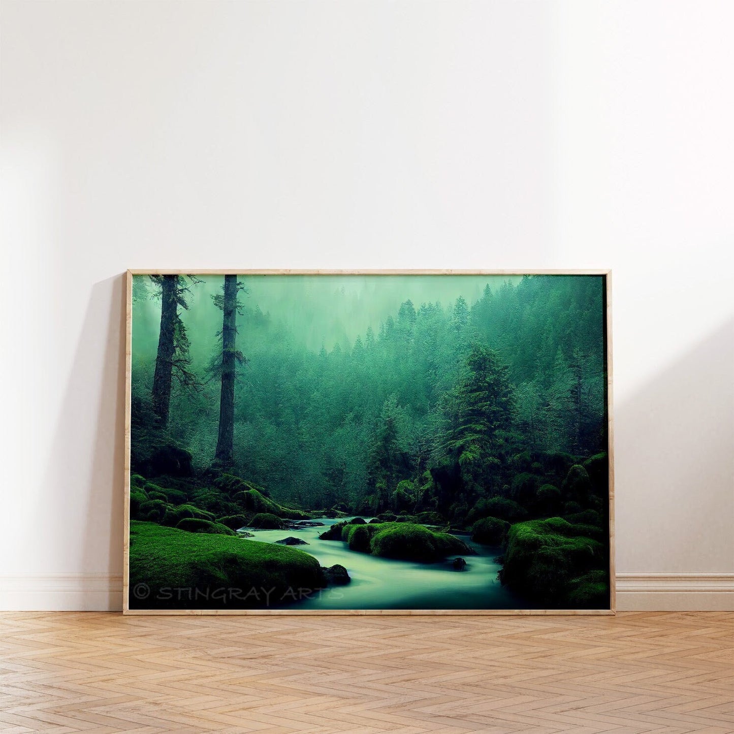 Foggy Green Forest & Creek Printable Art - Instant Download