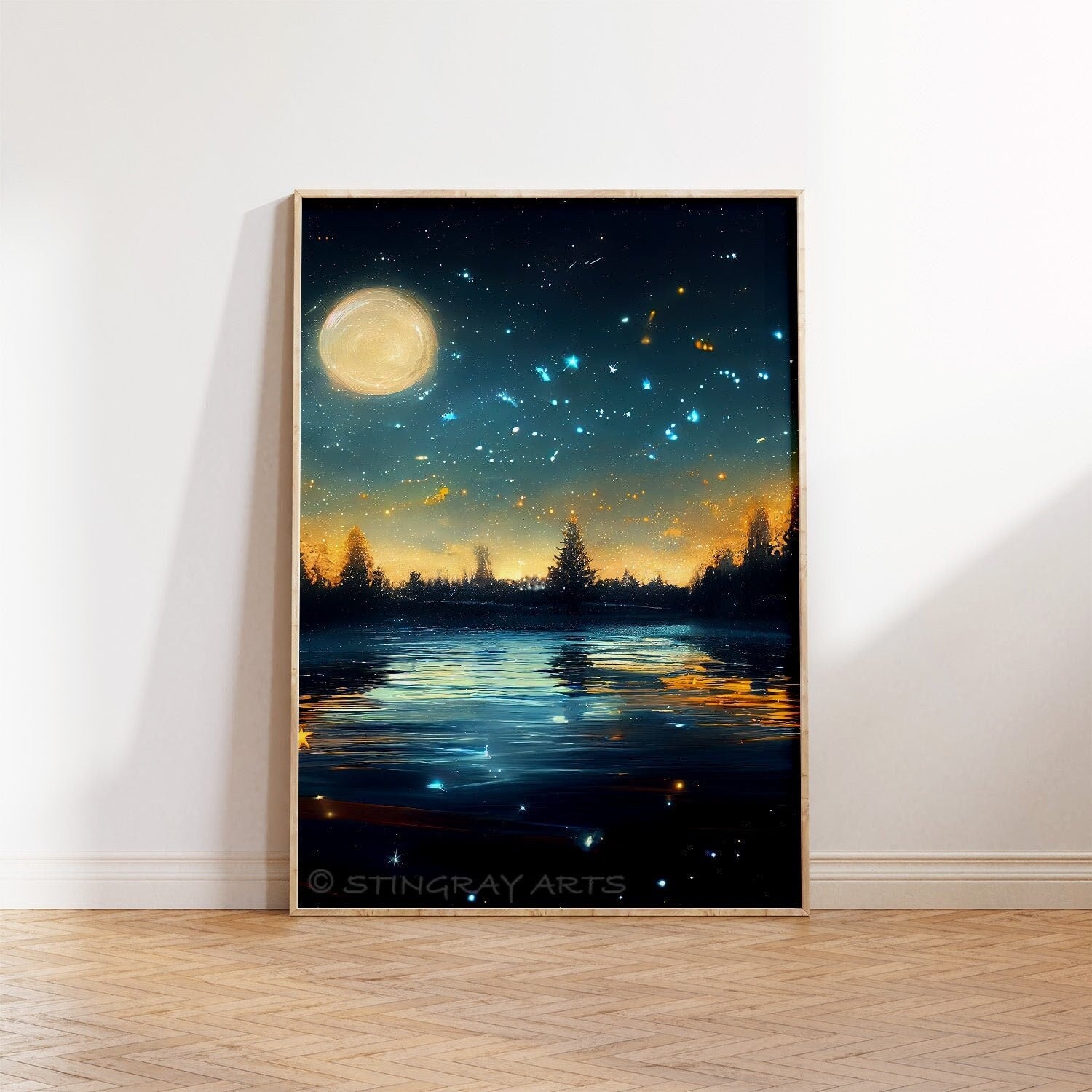 Moon & Stars Over A River Printable Art - Instant Download