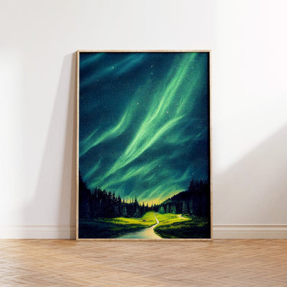 Streaming Auroras Over Forest River Printable Art - Instant Download