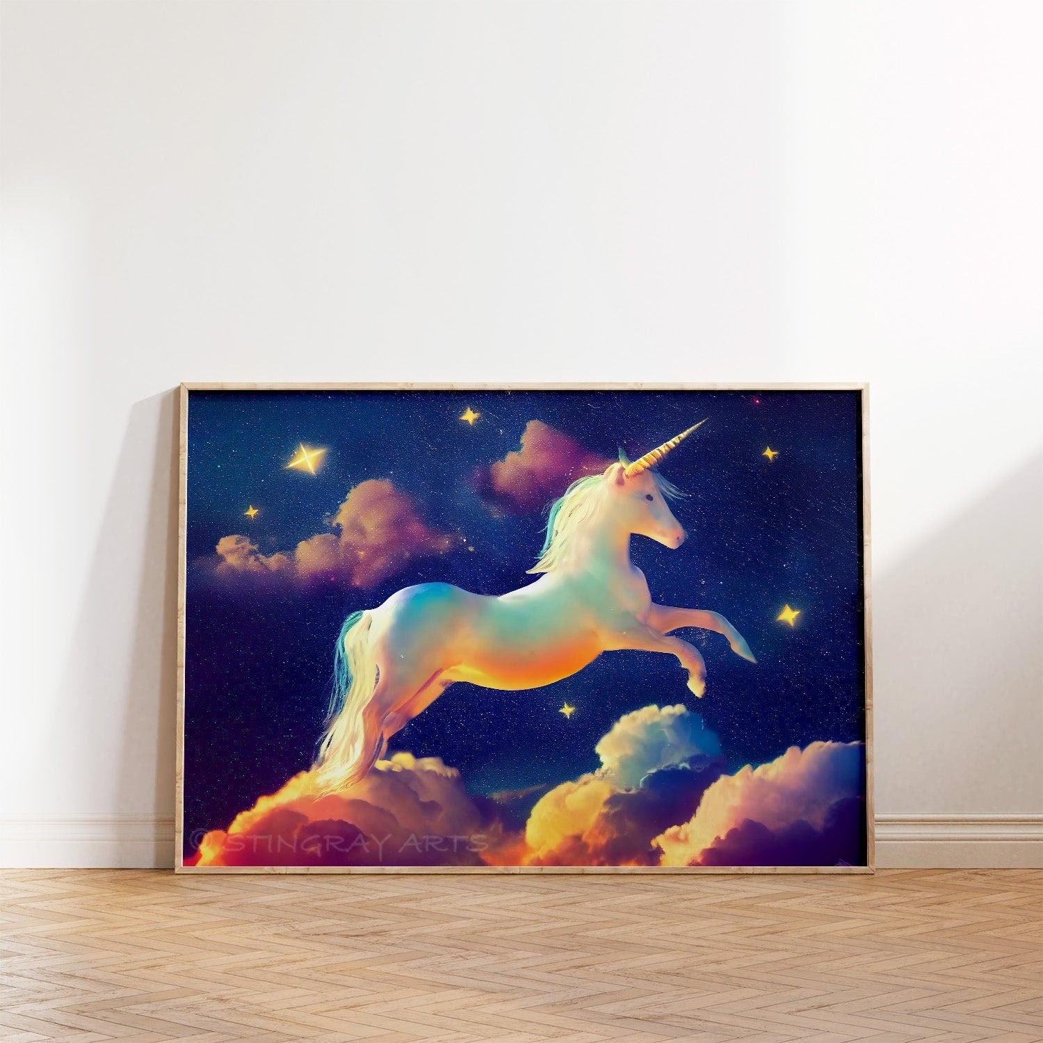 White Unicorn, Stars & Clouds Printable Art - Instant Download