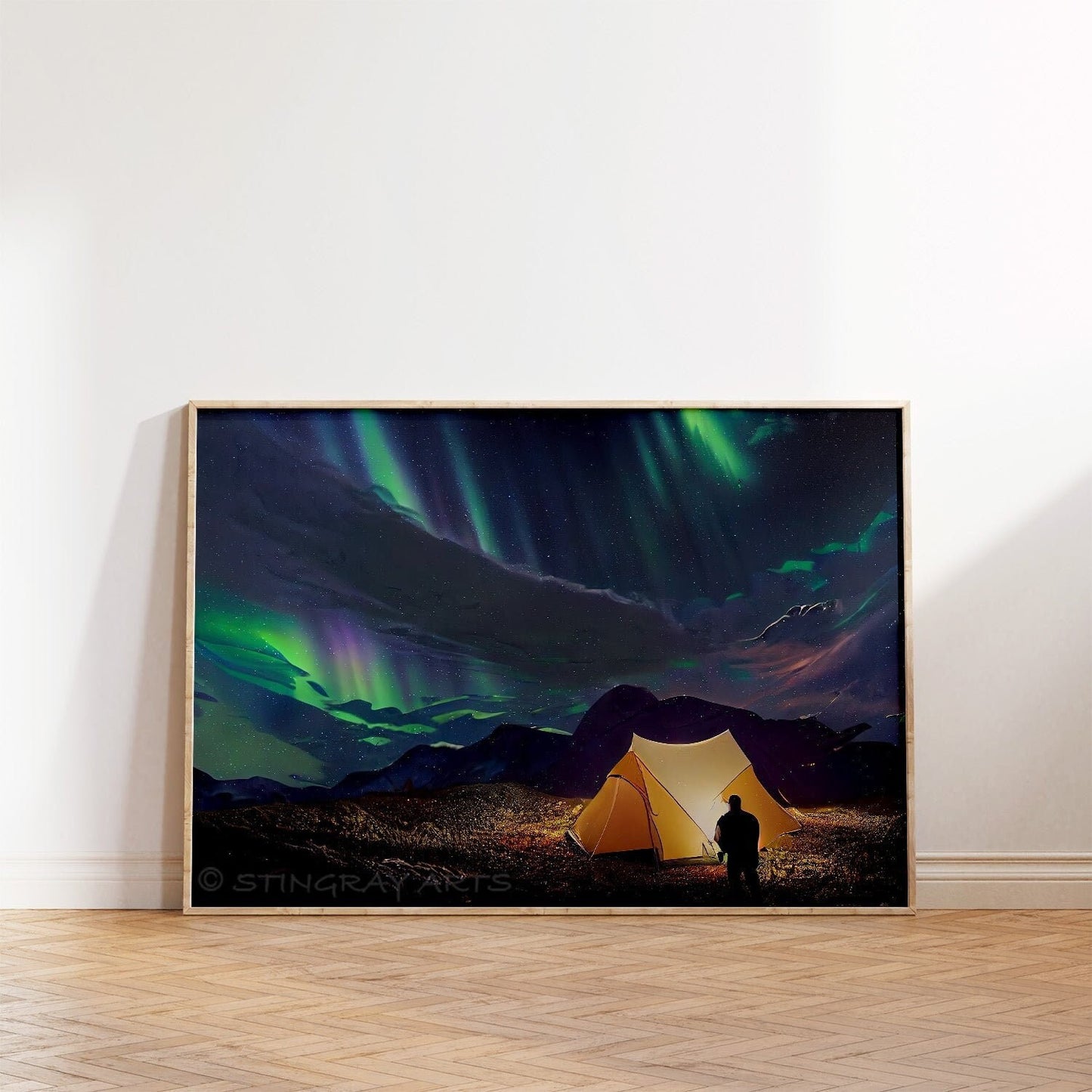 Person Camping Under Northern Lights Printable Art - Instant Download