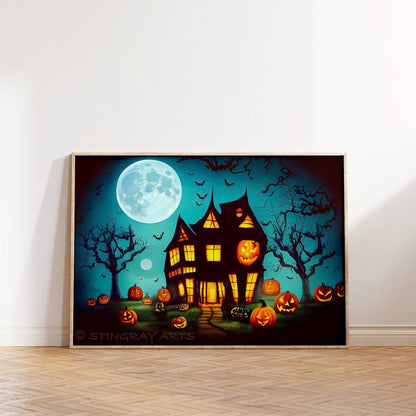 Halloween Jack-O-Lantern Spooky House Printable Art - Instant Download