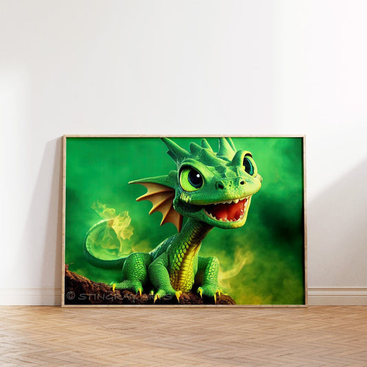 Smoking Tail Green & Yellow Baby Dragon Printable Art - Instant Download