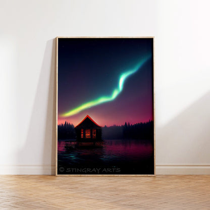 Lake Cabin & Aurora Borealis Lights Printable Art - Instant Download