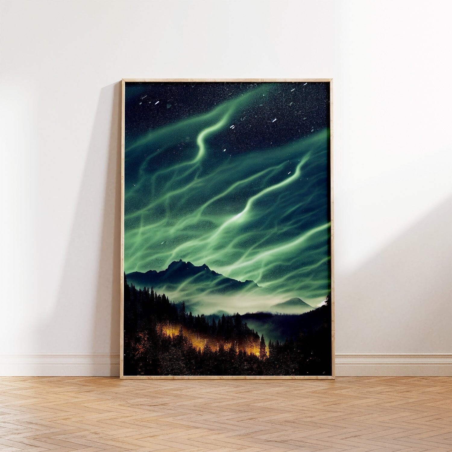 Streaming Auroras Over Mountains Printable Art - Instant Download