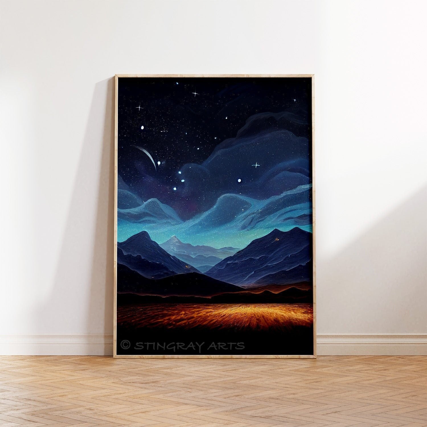 Shooting Star & Mountains Night Printable Art - Instant Download