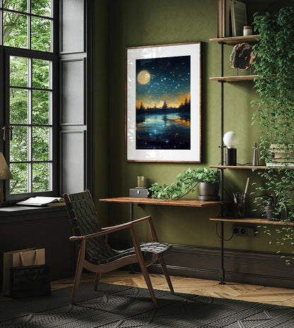 Moon & Stars Over A River Printable Art - Instant Download