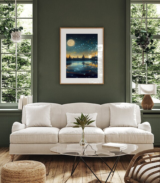 Moon & Stars Over A River Printable Art - Instant Download