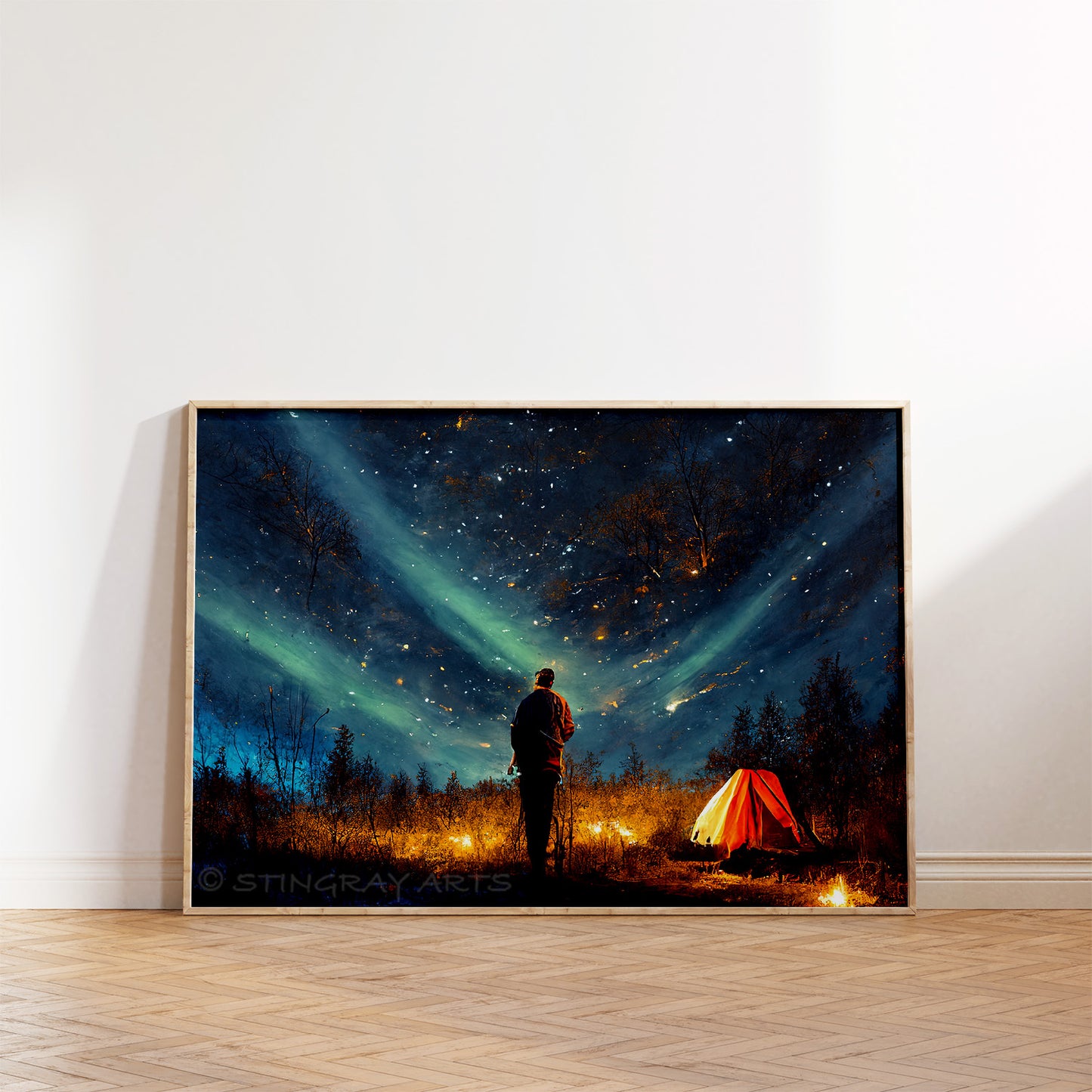 Person Stargazing Under Aurora Borealis Prints